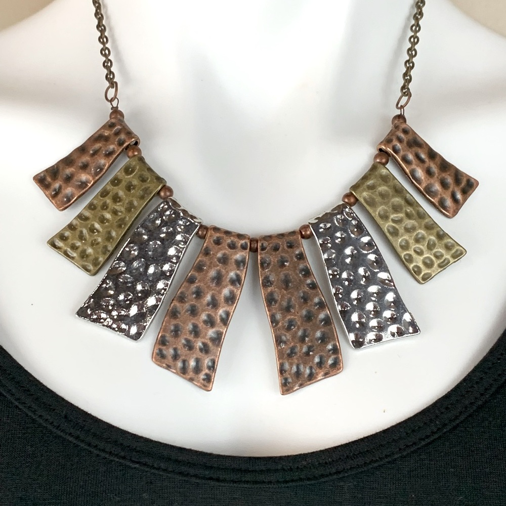 Hammered Metal Mixed Media Metals Tri Color Statement Necklace Brutalist Artsy